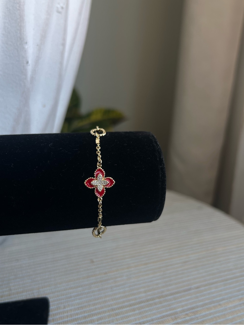 Red floral Pendant with pavé center gold bracelet